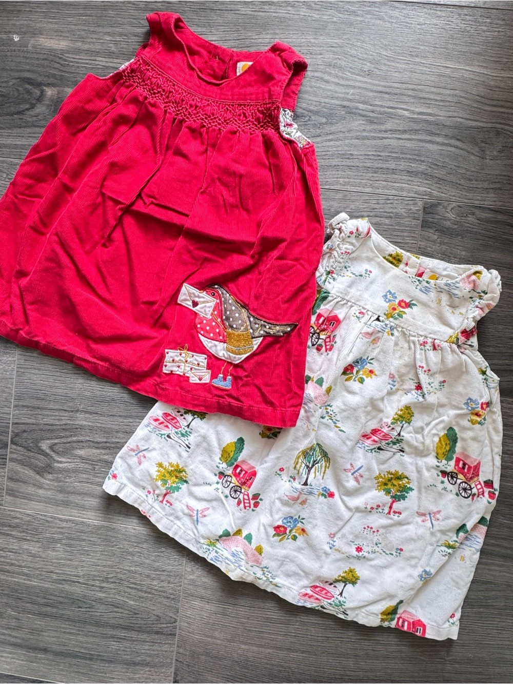 Baby Boden Dress Lot Red Corduroy Bird Appliqué Dress & Country Print Dress 6-12